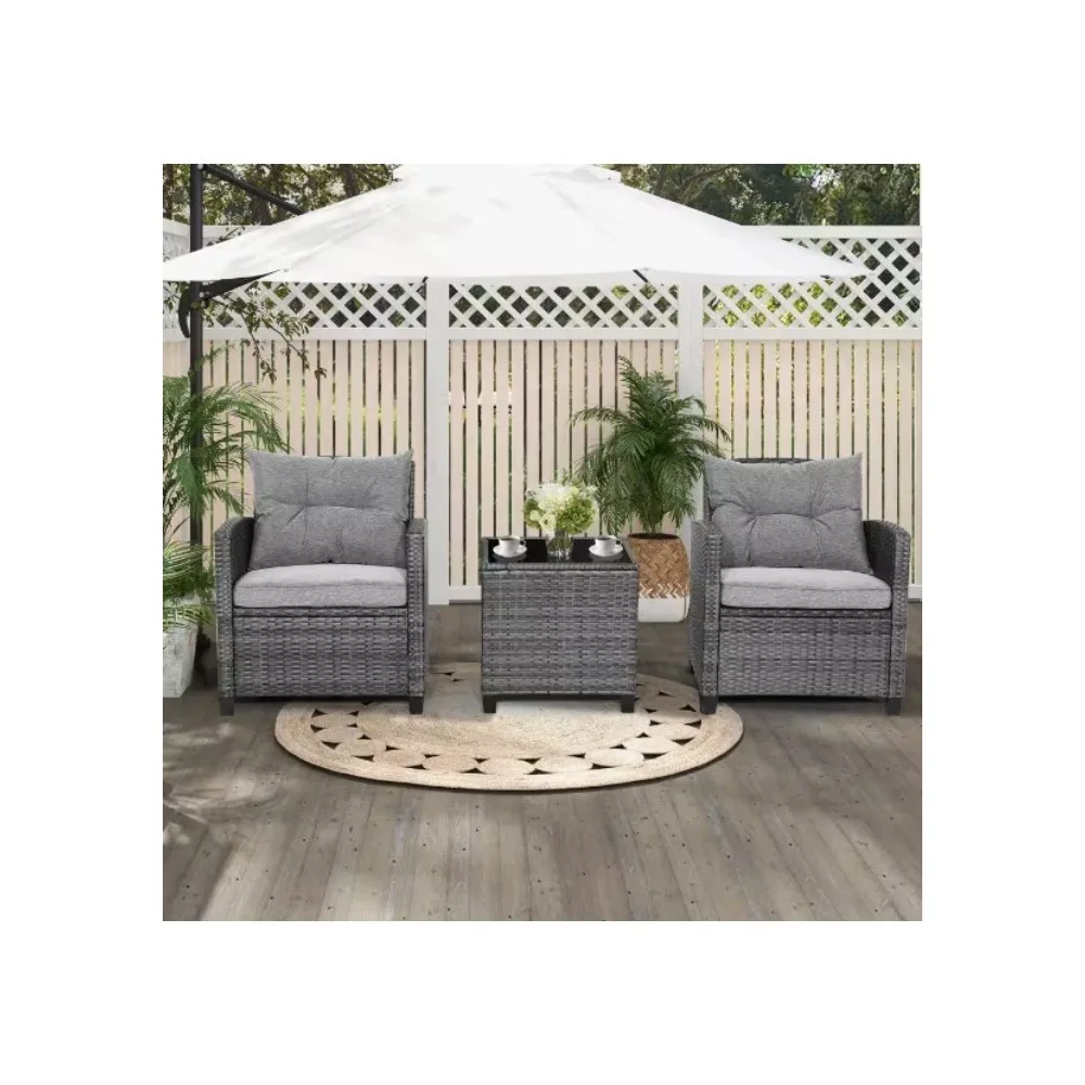 3-Piece Outdoor Furniture Set Wicker Patio Conversation Set with Gray Cushions Tempered Glass Side Table
3-Piece Outdoor Furniture Set Wicker Patio Conversation Set with Gray Cushions Tempered Glass Side Table