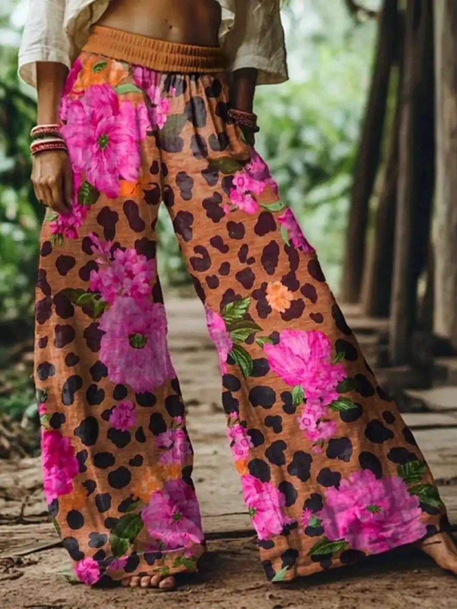 Boho Leopard And Pink Floral Wide Leg Pants Women Elastic Waist Casual Summer Trousers
Boho Leopard And Pink Floral Wide Leg Pants Women Elastic Waist Casual Summer Trousers