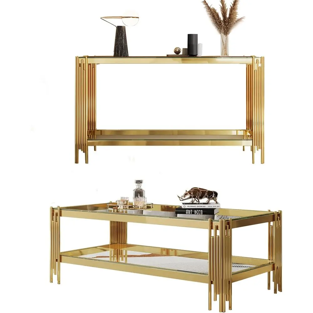Modern Coffee and End Table Set for Living Room with Stainless Steel Legs in Clear Gold Finish
Modern Coffee and End Table Set for Living Room with Stainless Steel Legs in Clear Gold Finish