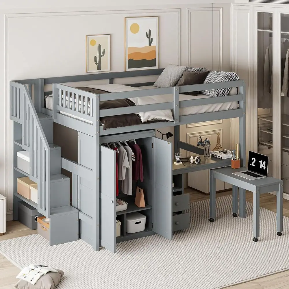Multifunctional Loft Bed with Desk, Wardrobe, Drawers, Staircase & Full-Length Guardrails for Kids, Gray, No Box Spring Needed
Multifunctional Loft Bed with Desk, Wardrobe, Drawers, Staircase & Full-Length Guardrails for Kids, Gray, No Box Spring Needed