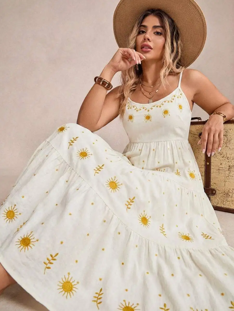 Bohemian Sleeveless Embroidered Sunflower Maxi Dress For Women Summer Vacation Beach Outfit
Bohemian Sleeveless Embroidered Sunflower Maxi Dress For Women Summer Vacation Beach Outfit