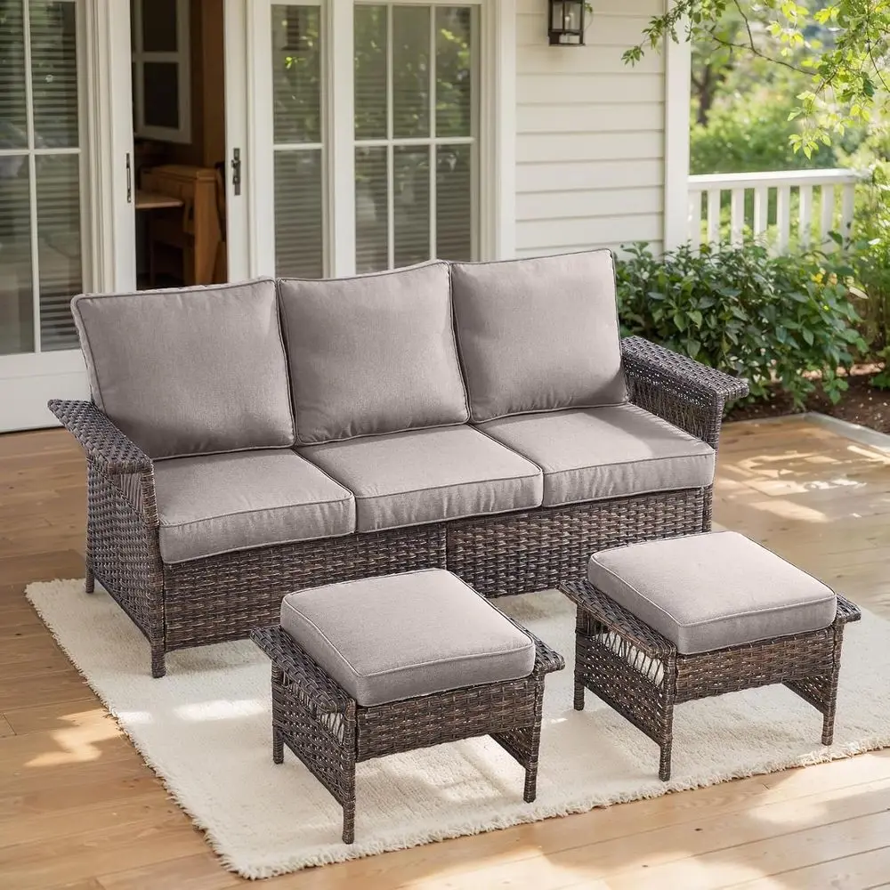 Wicker Patio urniture Set - Soa With 2 PE Rattan Ottomans, Brown Wicker Grey Cushions - 3pcs Contion Set or Garden, Balcony, Sun
Wicker Patio urniture Set - Soa With 2 PE Rattan Ottomans, Brown Wicker Grey Cushions - 3pcs Contion Set or Garden, Balcony, Sun