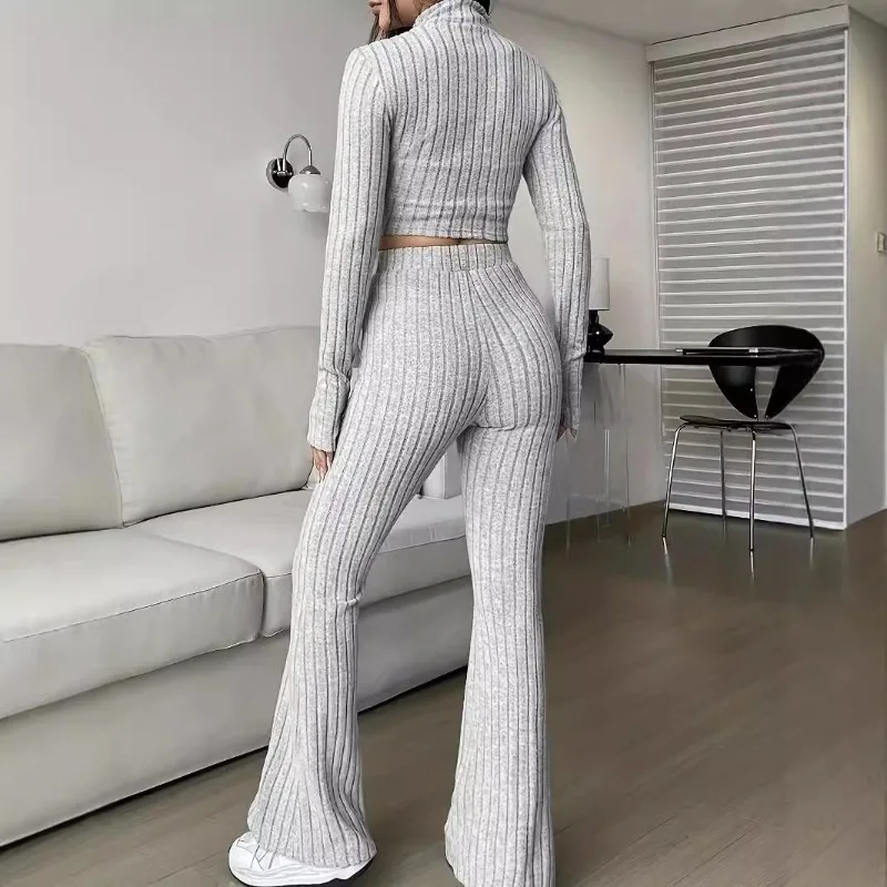 Fashion solid color two-piece set, zipper long-sleeved short top, high-waisted flared pants, women's suit.
Fashion solid color two-piece set, zipper long-sleeved short top, high-waisted flared pants, women's suit.