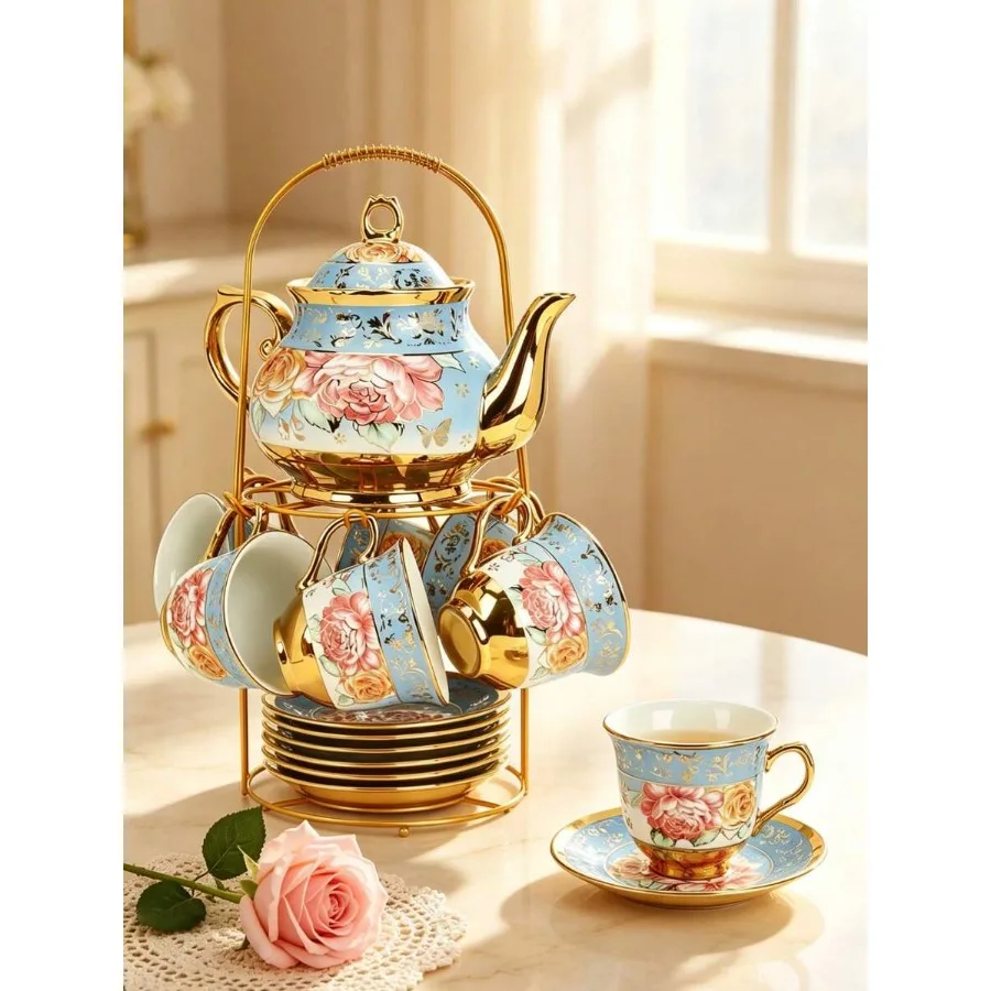 20-Piece European Porcelain Tea Set With Metal Stand and Blue Floral Painting Elegant Tea Service Gift For Adults, Ideal For Sp
20-Piece European Porcelain Tea Set With Metal Stand and Blue Floral Painting Elegant Tea Service Gift For Adults, Ideal For Sp