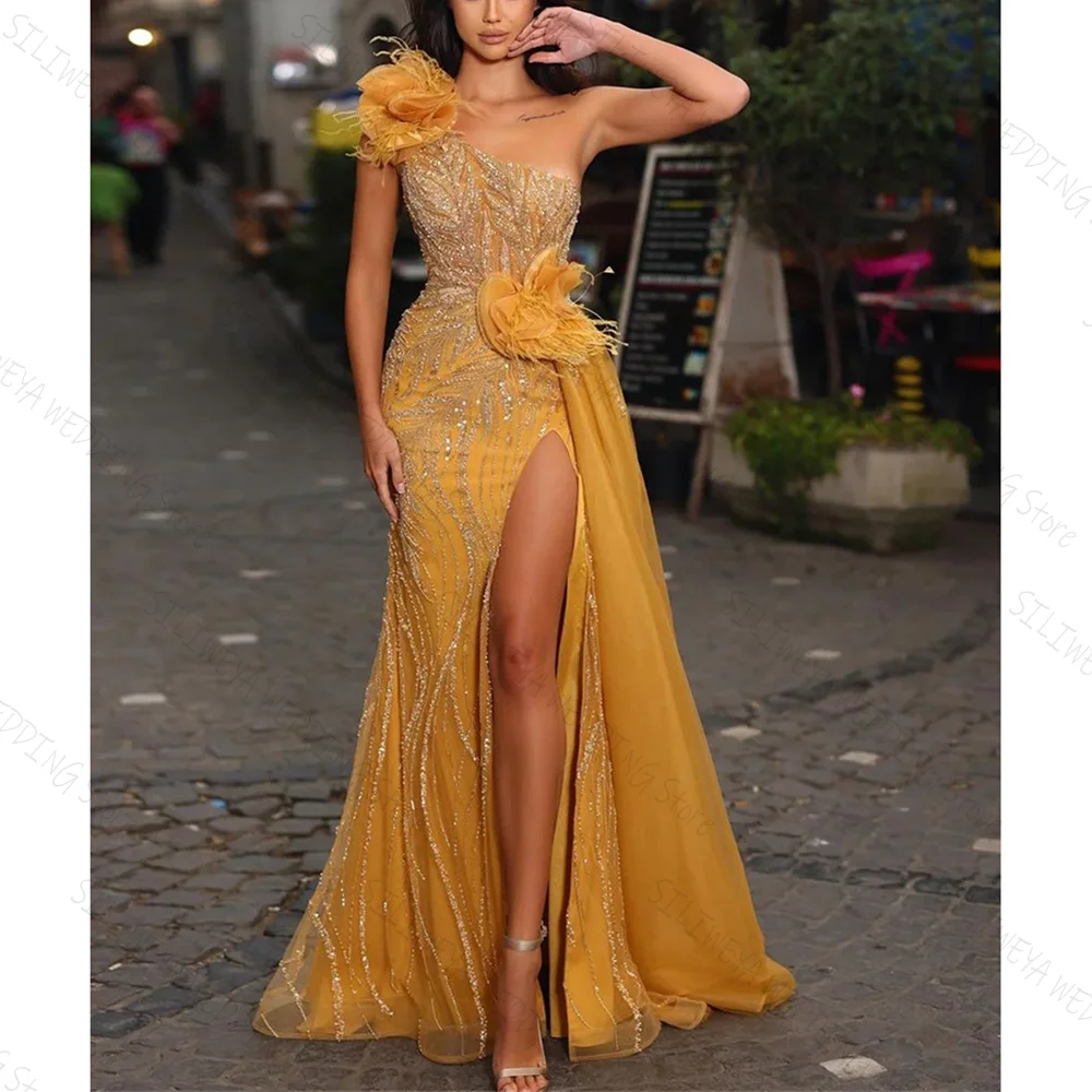Luxury Gold Yellow Evening Dresses Sleeveless One Shoulder Sequins Beaded Appliques 3D Lace Side Slit Prom Dress
Luxury Gold Yellow Evening Dresses Sleeveless One Shoulder Sequins Beaded Appliques 3D Lace Side Slit Prom Dress