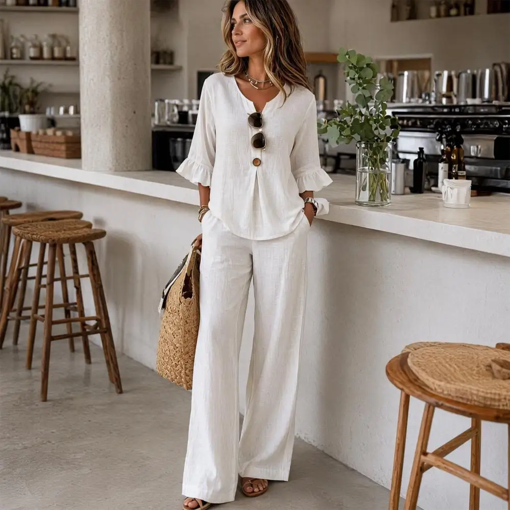 Summer 2 Piece Sets for Women, Casual Ruffle V Neck Top Comfortable Daily Wear Pants, Loose Vacation Lounge Outfits
Summer 2 Piece Sets for Women, Casual Ruffle V Neck Top Comfortable Daily Wear Pants, Loose Vacation Lounge Outfits