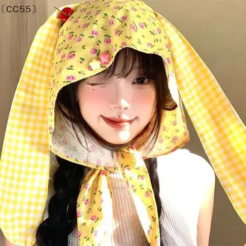 、1CC55⚡Cherry Perfumado Orelhas de Coelho Chapéus Estilo Doce Decoração Lenço Chapéu Kawaii Boina Amarela Engraçado Y2k Retro Strap Headband