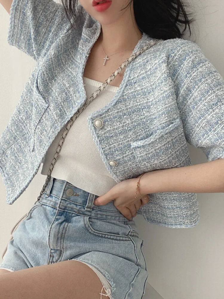 Blusas Mujer De Mujer Korean Chic Ladies Tops Korean Fashion Tweed Blouse Shirt Women Single-breasted Crop Tops Summer M466
Blusas Mujer De Mujer Korean Chic Ladies Tops Korean Fashion Tweed Blouse Shirt Women Single-breasted Crop Tops Summer M466