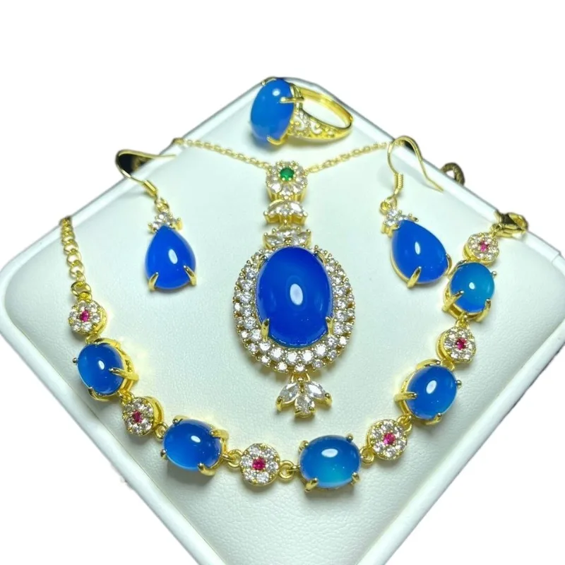 Натуральный сапфировый синий халцедон, инкрустированный четырьмя кольцами, Подвесные серьги, ожерелье, браслет 
Натуральный сапфировый синий халцедон, инкрустированный четырьмя кольцами, Подвесные серьги, ожерелье, браслет