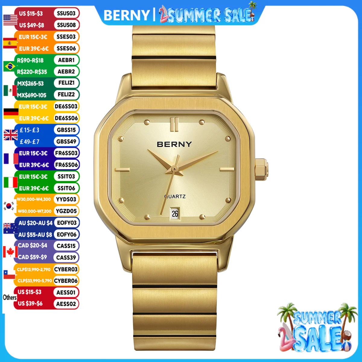BERNY Golden Watches for Men Gold Classic Square Quartz Men's Watch Full Stainless Steel Stylish Waterproof Wristwatch
BERNY Golden Watches for Men Gold Classic Square Quartz Men's Watch Full Stainless Steel Stylish Waterproof Wristwatch
