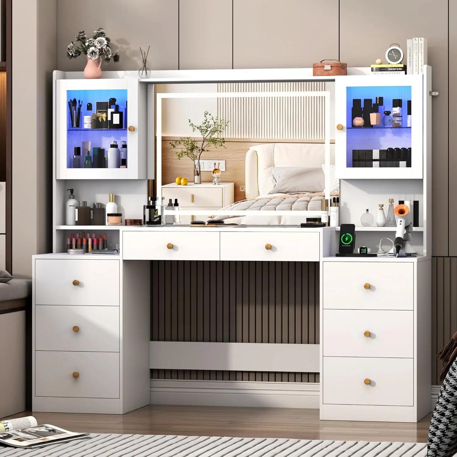 62' Large White Vanity Desk w/ Tempered Glass Top,60000-color LED Lights,Power Outlet, Make up Vanity
62' Large White Vanity Desk w/ Tempered Glass Top,60000-color LED Lights,Power Outlet, Make up Vanity