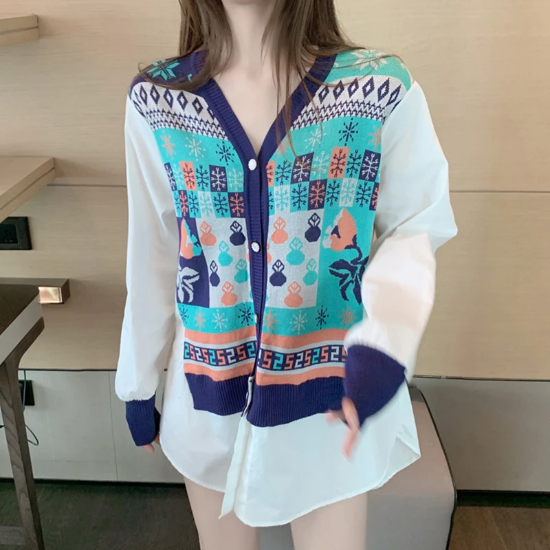 Retro Color Block Knitted Shirt Women's Spring Autumn Elegant Top Fake Two-Piece Design Sense Small Audience 2024 New Style
Retro Color Block Knitted Shirt Women's Spring Autumn Elegant Top Fake Two-Piece Design Sense Small Audience 2024 New Style
