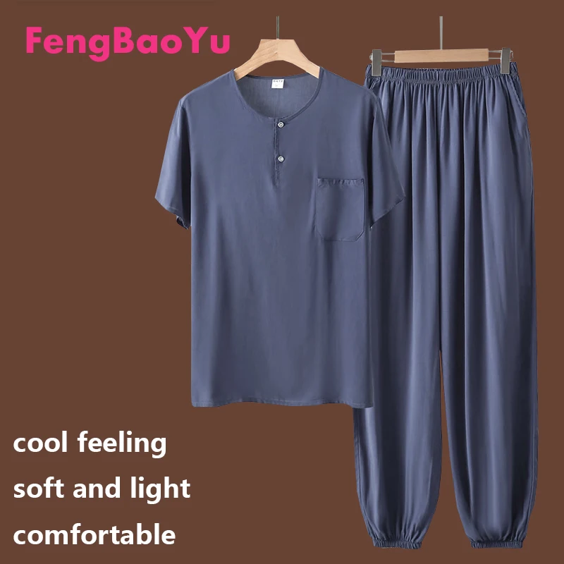 Summer Cotton Silk Men's Suit Navy Blue Short Sleeve T-shirt Trousers 2 Sets Comfortable Cool Pajamas Loose Large Size Casual
Summer Cotton Silk Men's Suit Navy Blue Short Sleeve T-shirt Trousers 2 Sets Comfortable Cool Pajamas Loose Large Size Casual