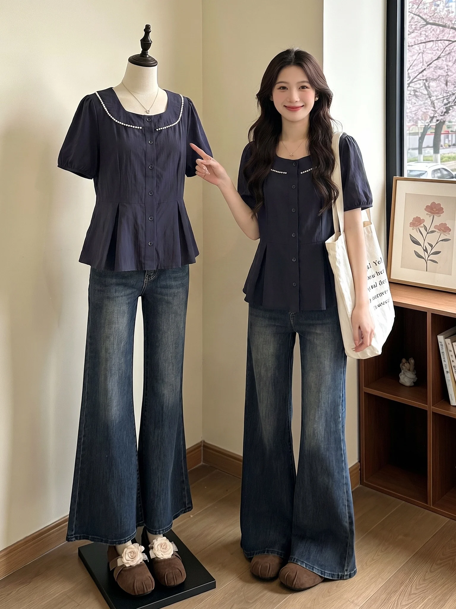 Elegant Dark Blue Beaded Short Sleeve Shirt Women's plus Size Doll Top Korean Style Bubble Sleeve Square Collar Casual Shirt
Elegant Dark Blue Beaded Short Sleeve Shirt Women's plus Size Doll Top Korean Style Bubble Sleeve Square Collar Casual Shirt