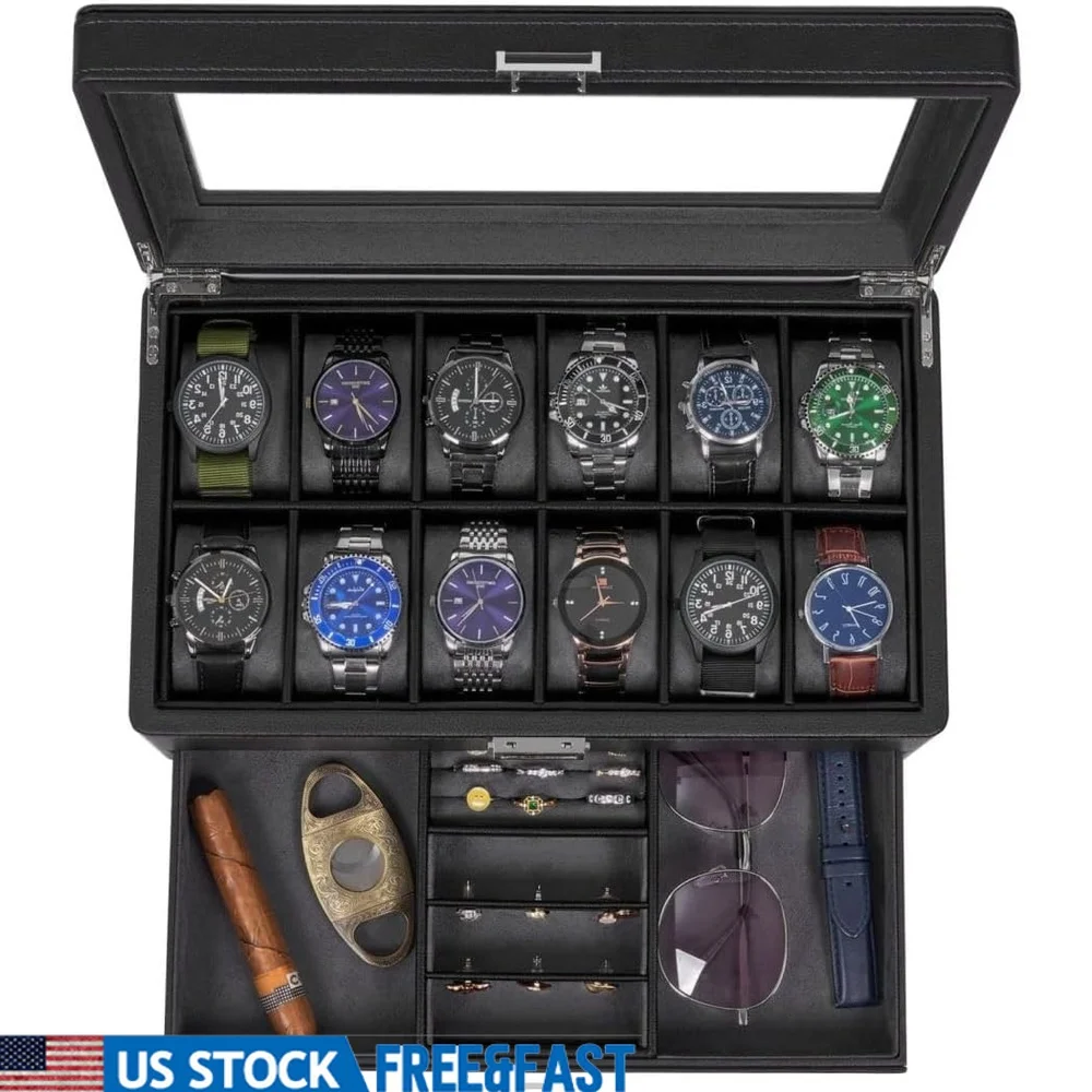 Elegant 12 Slot Watch Box with Drawer Faux Leather Organizer Jewelry Storage Men Women Gift Idea 
Elegant 12 Slot Watch Box with Drawer Faux Leather Organizer Jewelry Storage Men Women Gift Idea