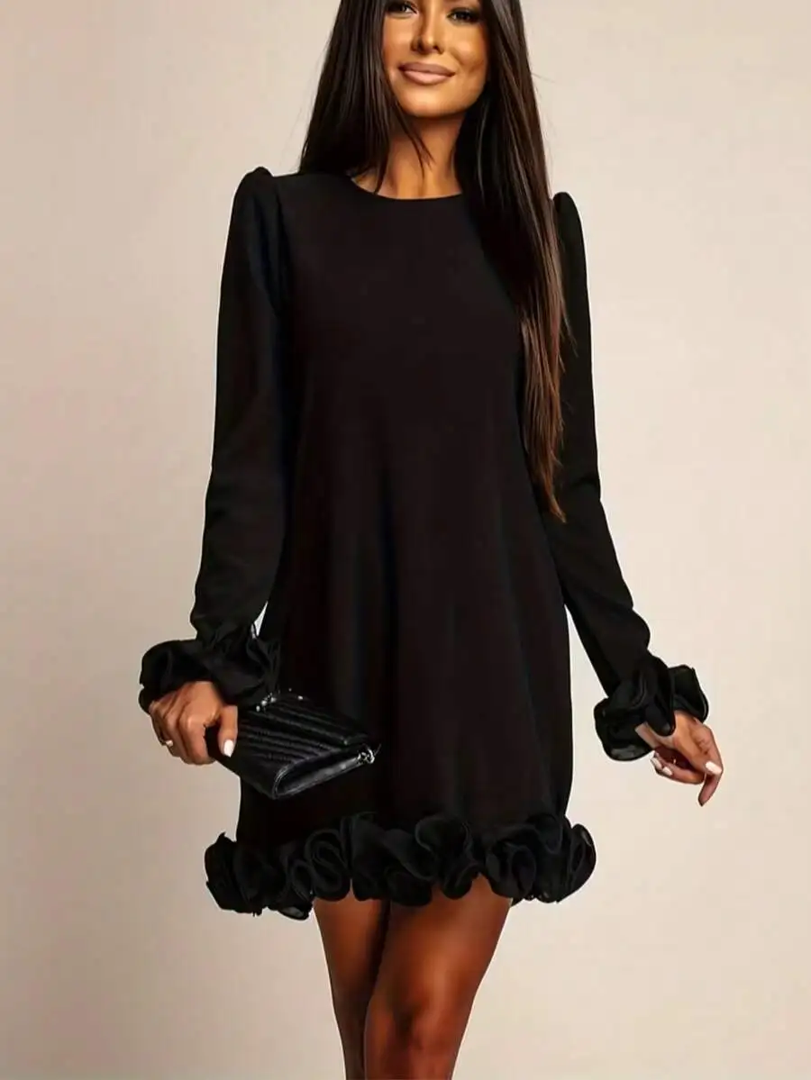 Elegant Black Mini Dress With Ruffle Hem And Cuffs A-Line Spring Women
Elegant Black Mini Dress With Ruffle Hem And Cuffs A-Line Spring Women