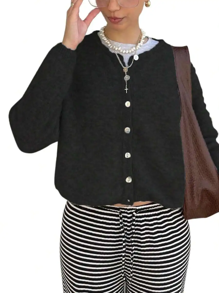 Women Solid Color V-Neck Long Sleeve Knit Cardigan Button Down Casual Fall Sweater
Women Solid Color V-Neck Long Sleeve Knit Cardigan Button Down Casual Fall Sweater