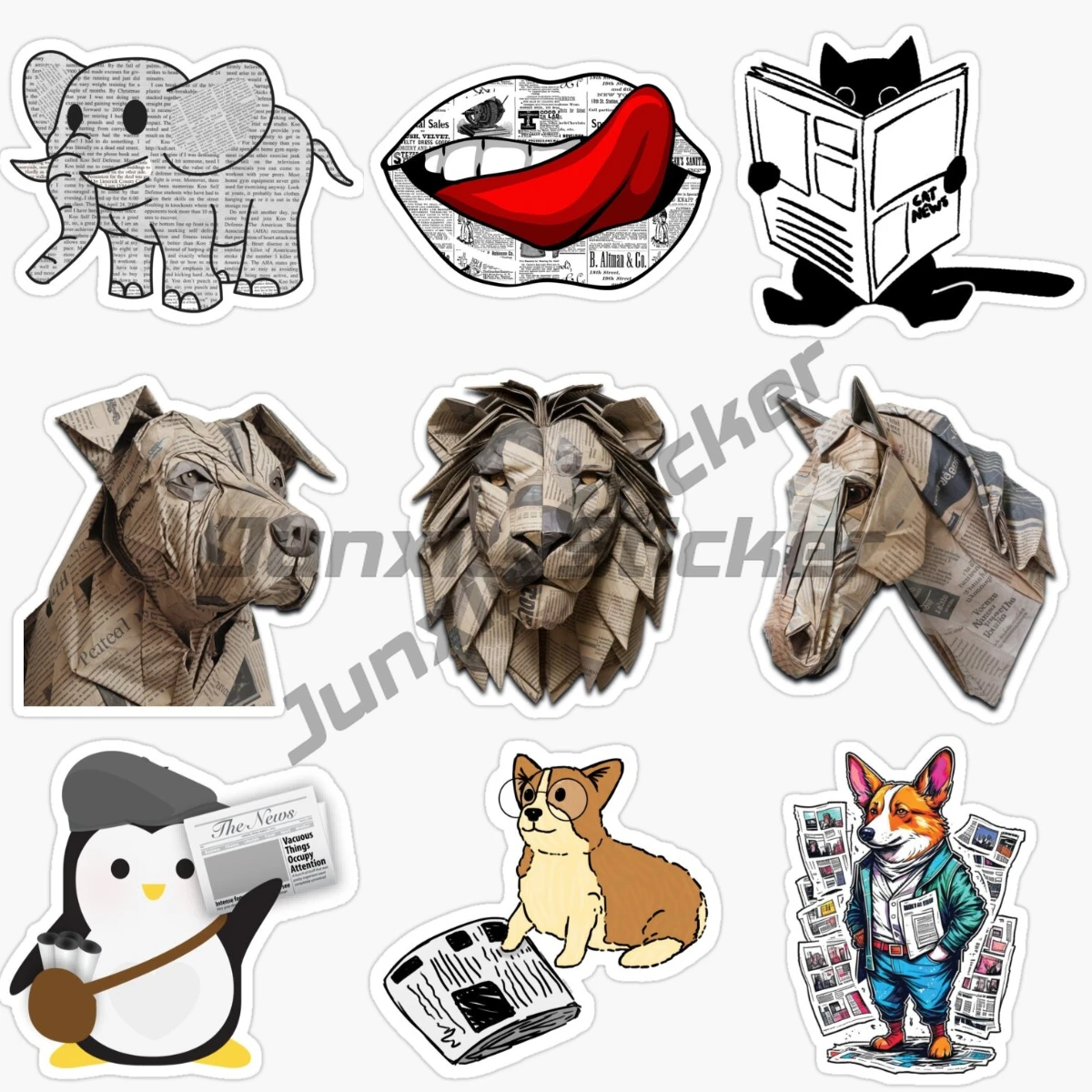 Creative Newspaper Cat Dog Penguin Lion Horse Red Lips Cat Illustrated Magazine Car Stickers English Vinyl Self-adhesive Decals
Creative Newspaper Cat Dog Penguin Lion Horse Red Lips Cat Illustrated Magazine Car Stickers English Vinyl Self-adhesive Decals