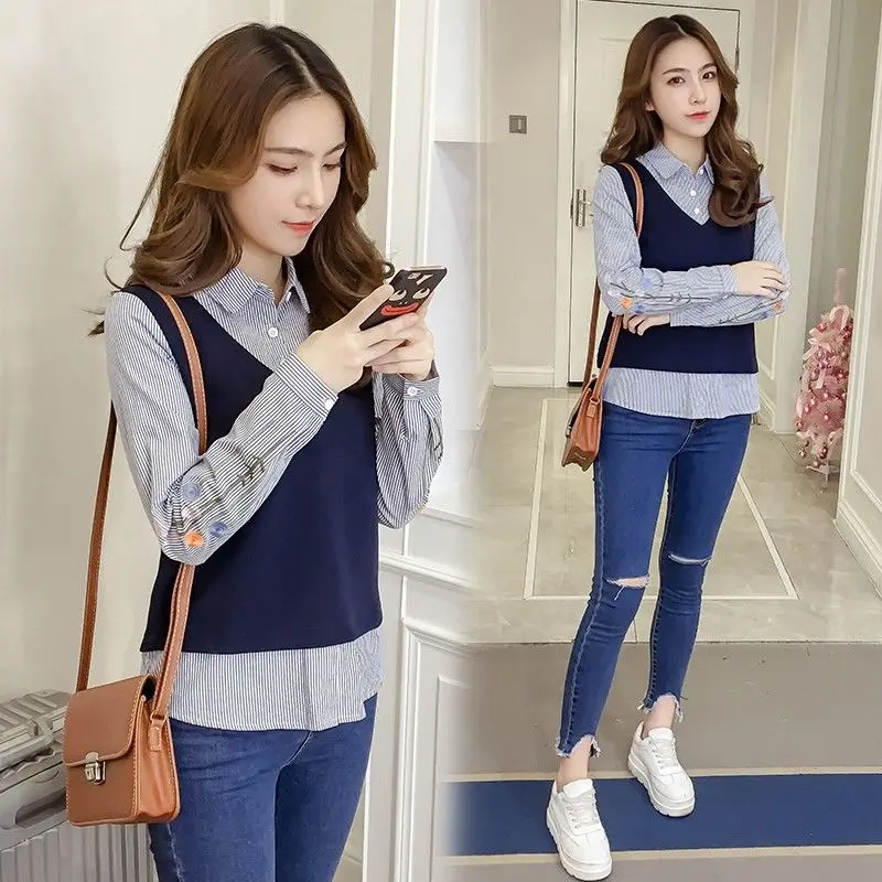 2024 Spring Autumn Women New Long Sleeve Blouses Female Fake Two-piece Striped Shirts Ladies Single Breasted Casual Shirts P753
2024 Spring Autumn Women New Long Sleeve Blouses Female Fake Two-piece Striped Shirts Ladies Single Breasted Casual Shirts P753