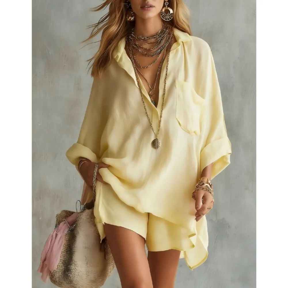 Spring Summer New Shorts Long-sleeved Shirt Women's Suit 2026 Fashion Pocket Loose Shorts Female Shirt Beach Vacation 2piece Set
Spring Summer New Shorts Long-sleeved Shirt Women's Suit 2026 Fashion Pocket Loose Shorts Female Shirt Beach Vacation 2piece Set