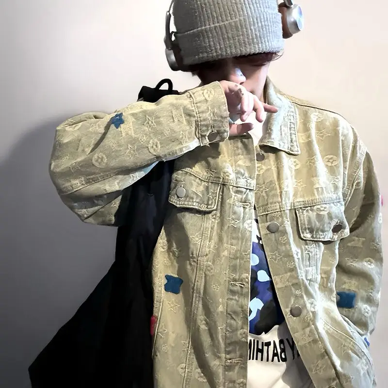 Retro American Yellow Mud Color Worn-look Print Denim Jacket Loose Casual Unisex Jacket Top for Youth Autumn Spring Summer
Retro American Yellow Mud Color Worn-look Print Denim Jacket Loose Casual Unisex Jacket Top for Youth Autumn Spring Summer