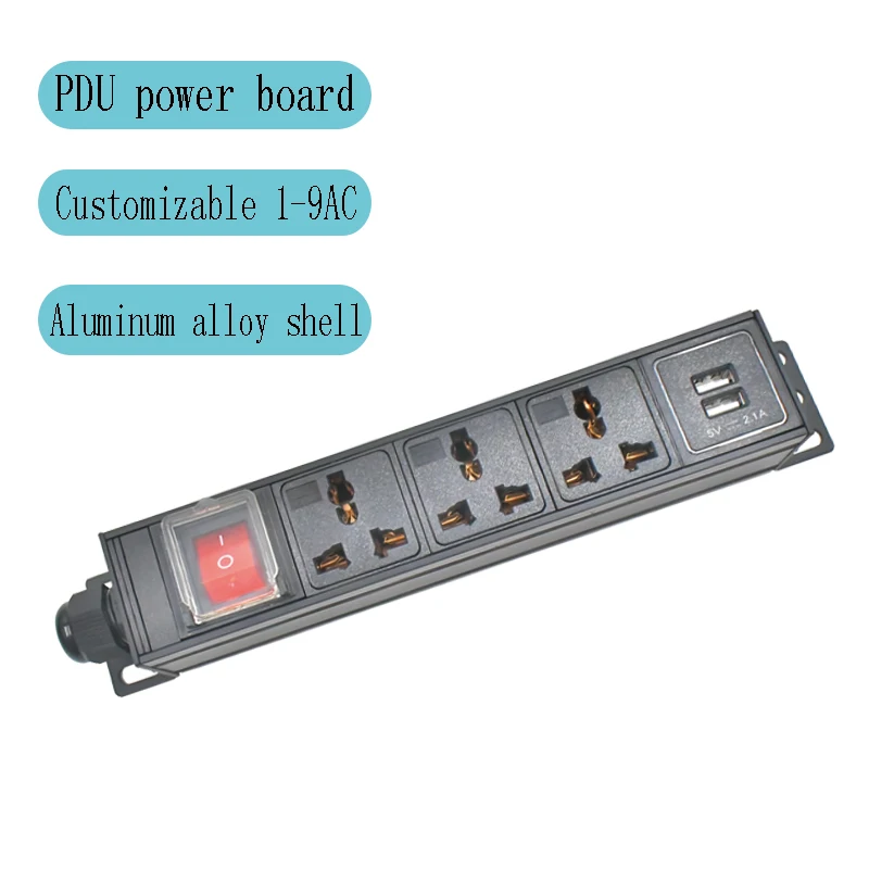 PDU power board aluminum alloy shell 10A universal socket 1-9AC, with wiring head, double break switch, 2USB
PDU power board aluminum alloy shell 10A universal socket 1-9AC, with wiring head, double break switch, 2USB