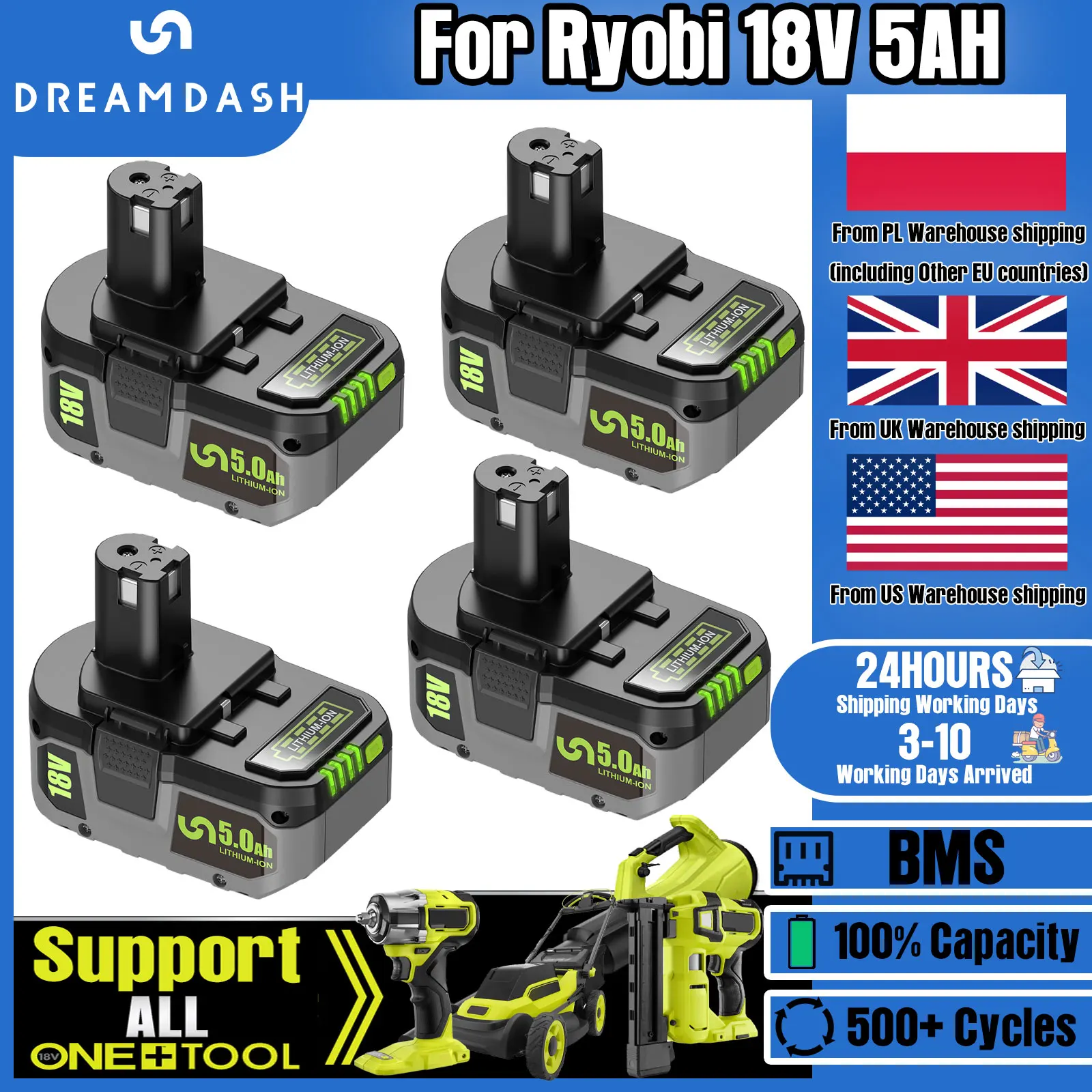 Dreamdash 18V 5Ah Li-ion Battery For Ryobi ONE+ Replacement For P108/P107/P105/P104/P103/P102/RB18L50 /BPL1820 Real Capacity
Dreamdash 18V 5Ah Li-ion Battery For Ryobi ONE+ Replacement For P108/P107/P105/P104/P103/P102/RB18L50 /BPL1820 Real Capacity