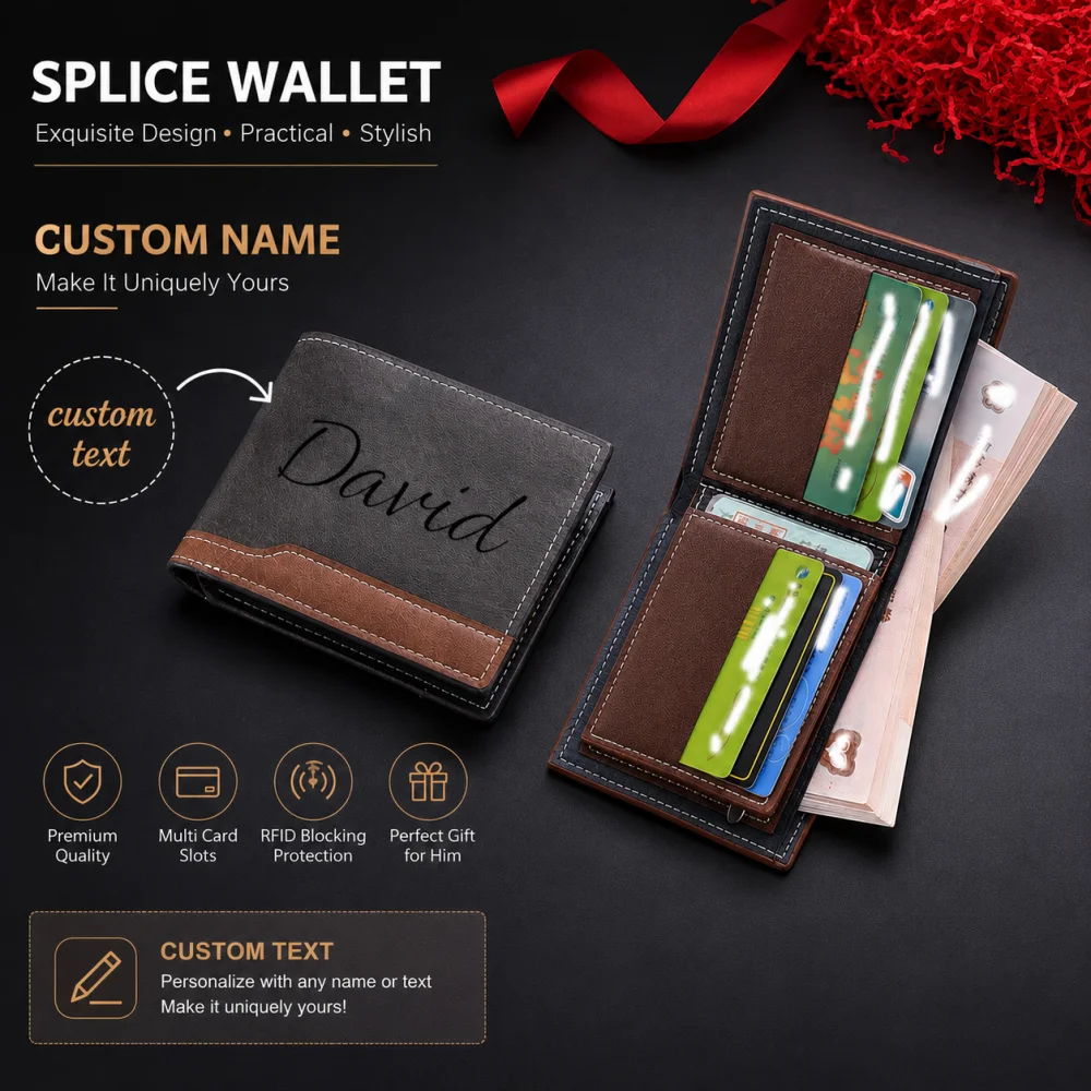 Customized leather wallet with engraved name pattern for men. It features an elegant design making it an ideal gift choice
Customized leather wallet with engraved name pattern for men. It features an elegant design making it an ideal gift choice