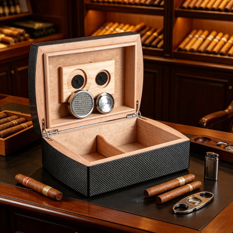 Carbon Fiber Cigar Humidor Holds Up to 30 Cigars 29-57 Ring Gauge with Hygrometer and Humidifier
Carbon Fiber Cigar Humidor Holds Up to 30 Cigars 29-57 Ring Gauge with Hygrometer and Humidifier