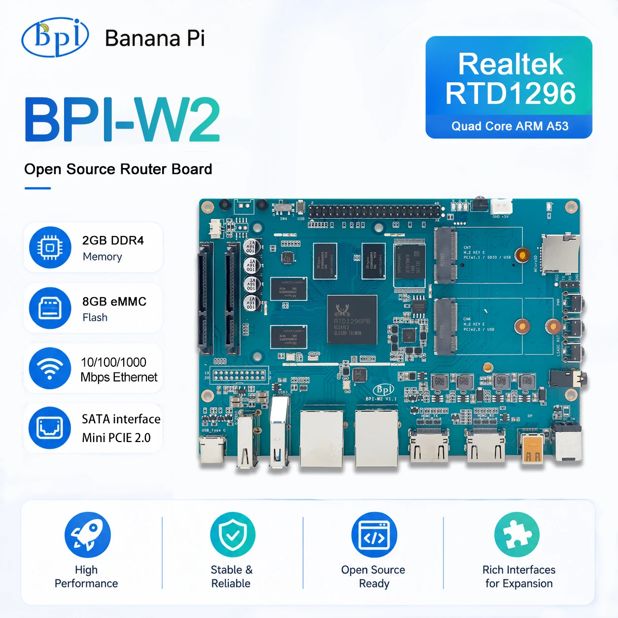Banana Pi BPI-W2 Realtek RTD1296 Quad-core Mali T820 MP3 GPU 2G DDR4 With TF SIM Card native SATA 8G eMMC Single Board Computer