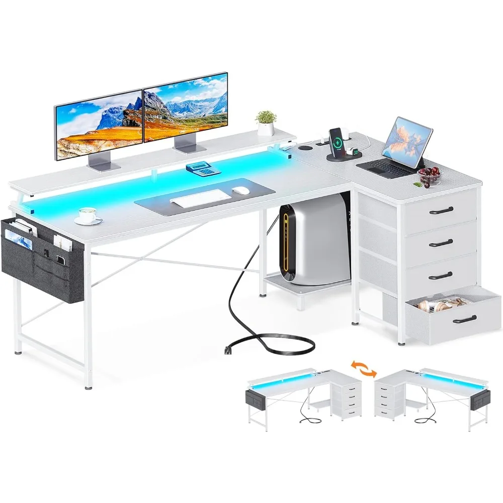 63-Inch Reversible L-Shaped Computer Desk with 4 Drawers, Gaming Desk with LED Lights & USB Power Outlets, White
63-Inch Reversible L-Shaped Computer Desk with 4 Drawers, Gaming Desk with LED Lights & USB Power Outlets, White