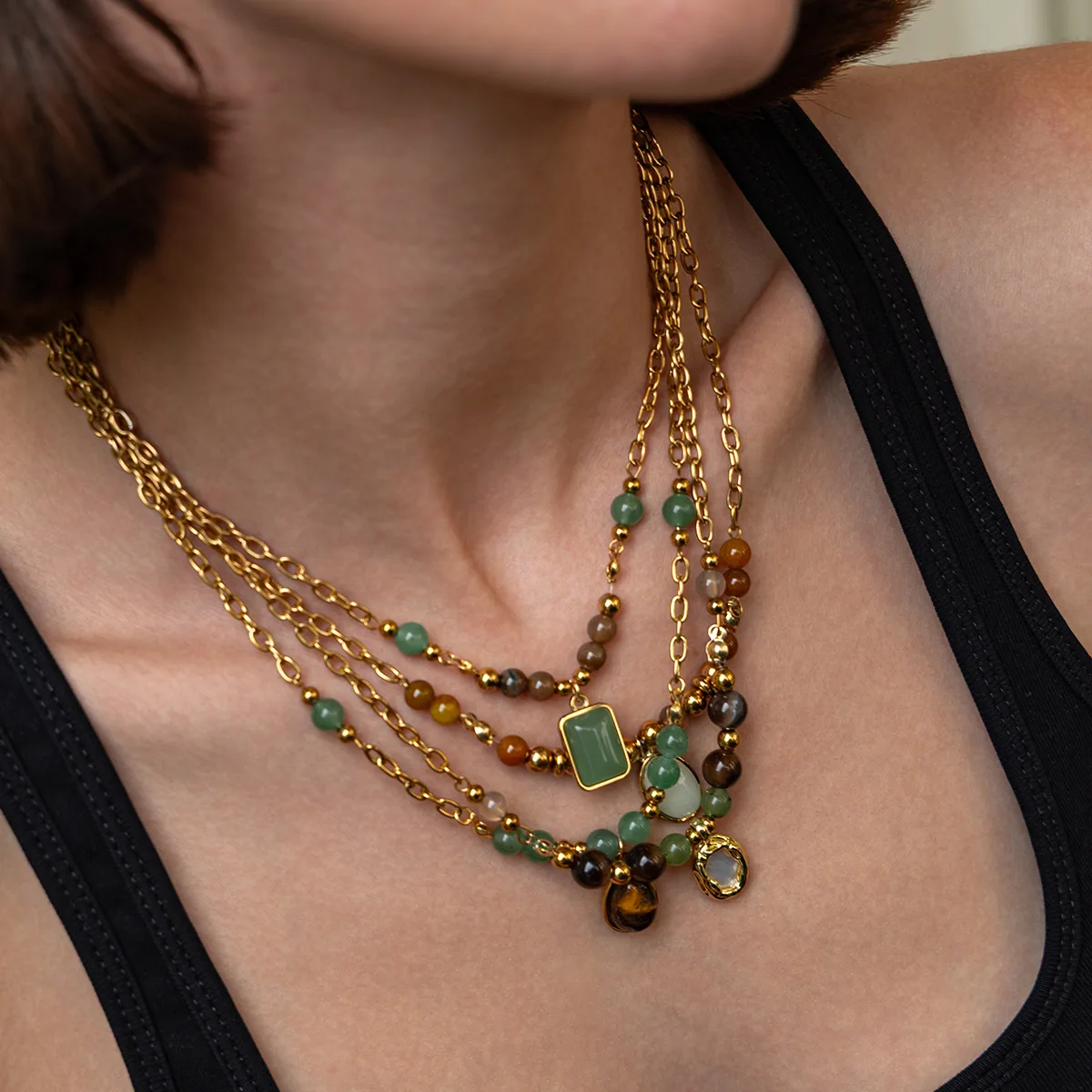 Boho Multi Layer Natural Stone Pendant Necklace Women Retro Travel Stainless Steel Colored Beaded Clavicle Chain Party Jewelry
Boho Multi Layer Natural Stone Pendant Necklace Women Retro Travel Stainless Steel Colored Beaded Clavicle Chain Party Jewelry