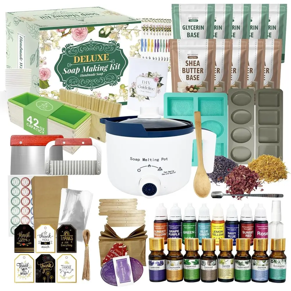 Soap Making Kit with Melter, 4 lb Base, 8 Scented Oils, Silicone Molds, Tools & Dyes for Adults
Soap Making Kit with Melter, 4 lb Base, 8 Scented Oils, Silicone Molds, Tools & Dyes for Adults