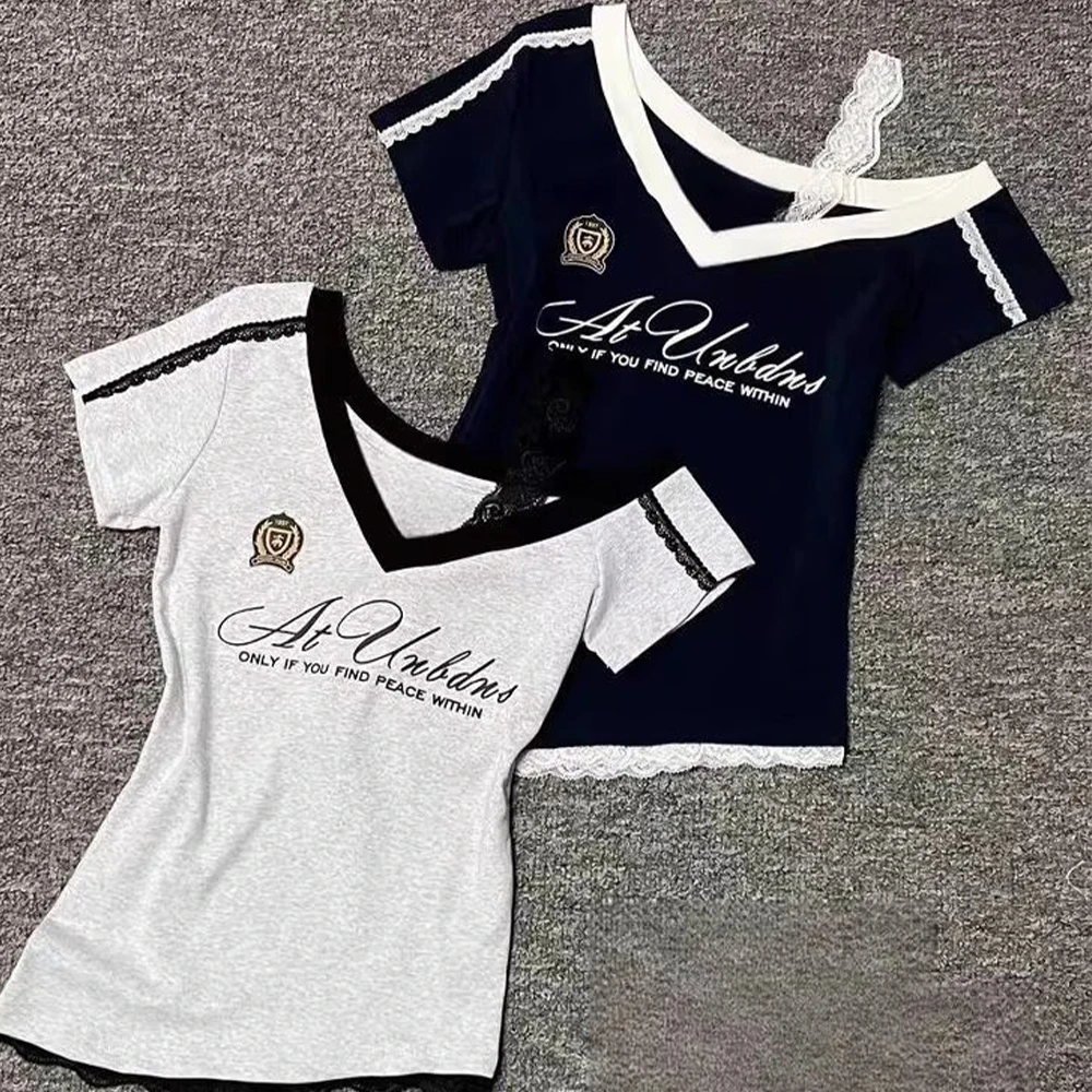 Millennium Style Gothic Hot Girl Waist Splicing Lace Strap Short Sleeve T-Shirt for Women 2026 New Summer Navy Blue Slim Fit Top
Millennium Style Gothic Hot Girl Waist Splicing Lace Strap Short Sleeve T-Shirt for Women 2026 New Summer Navy Blue Slim Fit Top