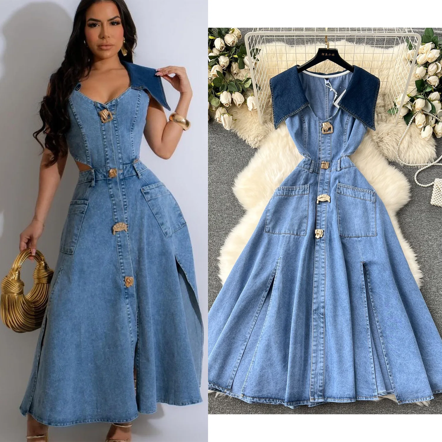 Denim Dresses Single Breasted Dress Sexy Sleeveless Ankle Length Spliced Washed Mom Jeans Turn Down Collar Loose Vestidos Y2k
Denim Dresses Single Breasted Dress Sexy Sleeveless Ankle Length Spliced Washed Mom Jeans Turn Down Collar Loose Vestidos Y2k