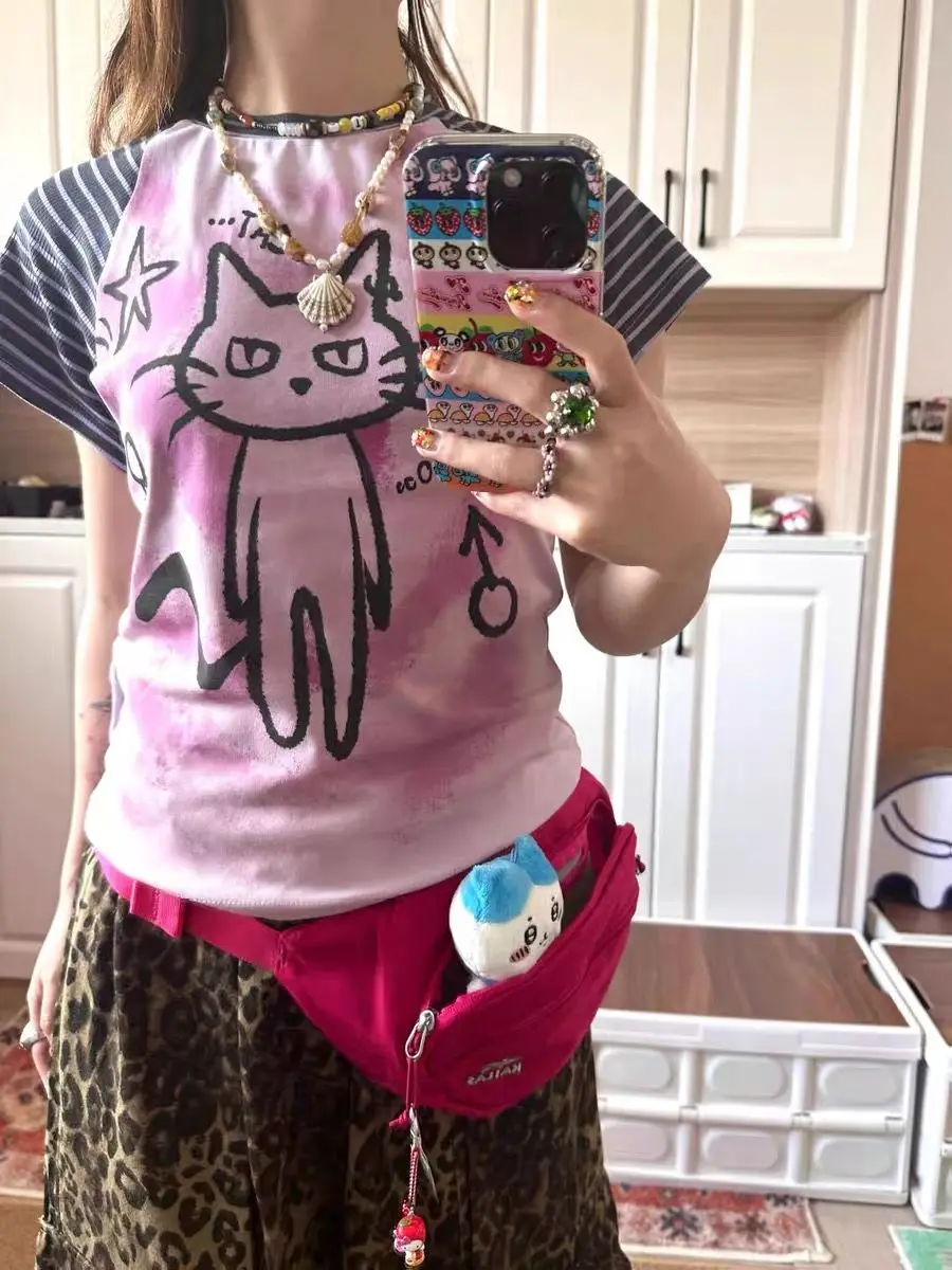 Rayish-purple Striped Kitten Print T-shirt Women's Round Neck Short Sleeves Top Casual Fashion Female Thin Pullover Tops
Rayish-purple Striped Kitten Print T-shirt Women's Round Neck Short Sleeves Top Casual Fashion Female Thin Pullover Tops