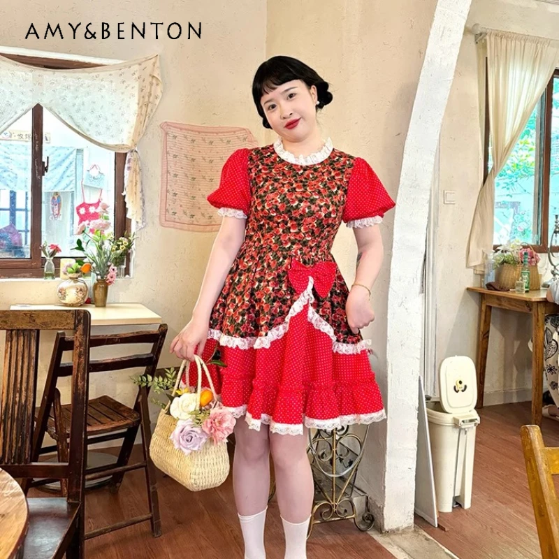 Original Design Red Polka Dot Floral Splicing Women's Dress Japanese Retro 2025 Summer New Sweet Cute Bow Cake Dresses Ladies 
Original Design Red Polka Dot Floral Splicing Women's Dress Japanese Retro 2025 Summer New Sweet Cute Bow Cake Dresses Ladies