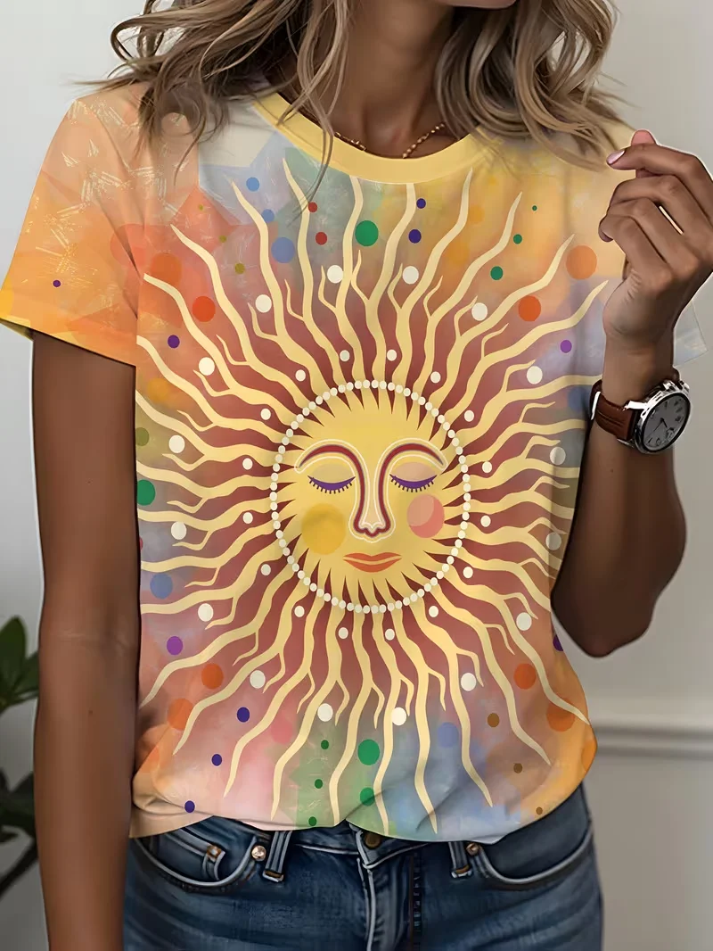 Новая женская футболка с 3D-принтом в стиле бохо-ретро, с изображением солнца, удобная и дышащая, с коротким рукавом и ярким желтым солнцем
Новая женская футболка с 3D-принтом в стиле бохо-ретро, с изображением солнца, удобная и дышащая, с коротким рукавом и ярким желтым солнцем