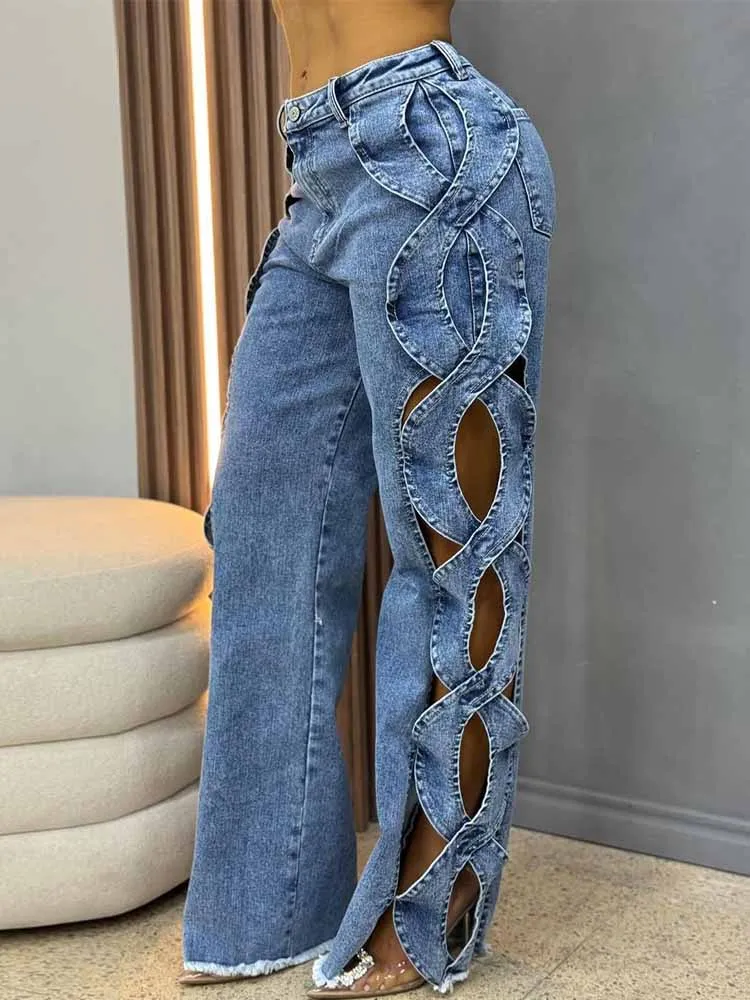 BKQU Fashion Streetwear Y2k Hollow Out Jeans Women High Waist Side Cross Cutout Wide Leg Blue Denim Pants Elegant Party Jean2025
BKQU Fashion Streetwear Y2k Hollow Out Jeans Women High Waist Side Cross Cutout Wide Leg Blue Denim Pants Elegant Party Jean2025