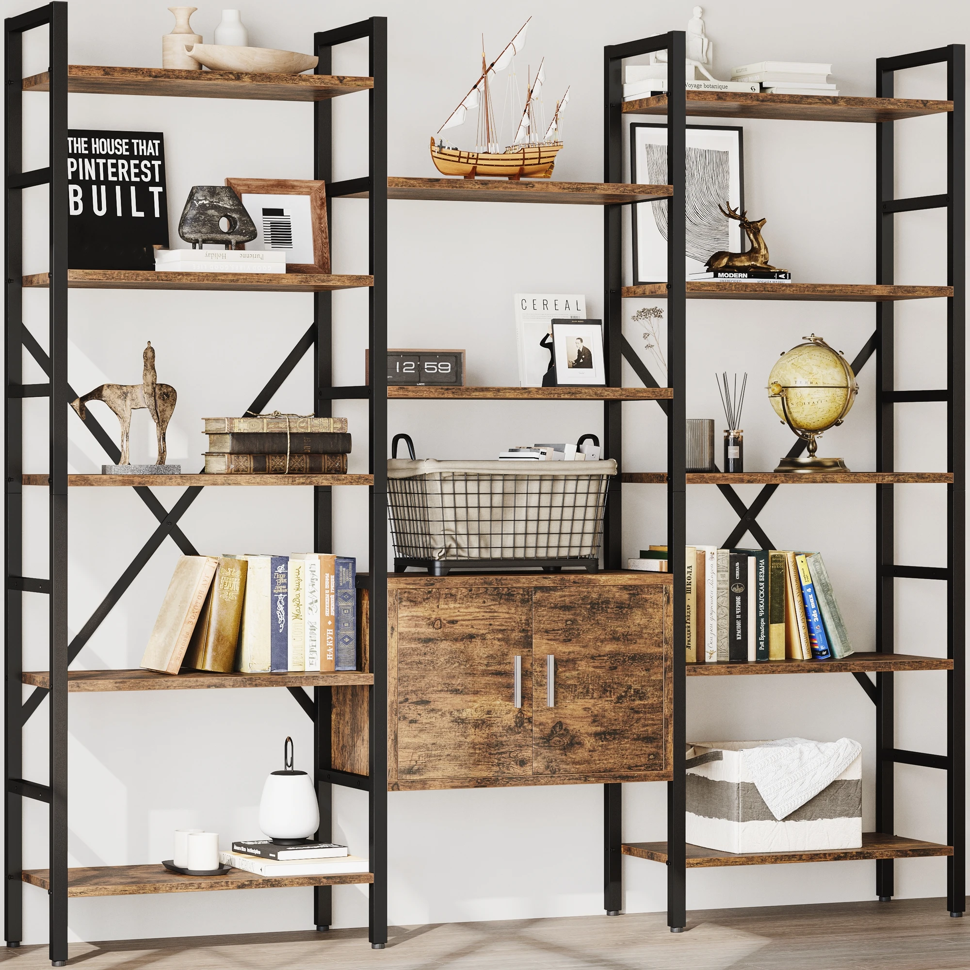 Industrial Bookshelf, 70"x 70" Large 5-Tier Triple Bookcase with Storage Cabinet, 14 Shelf Display Unit
Industrial Bookshelf, 70"x 70" Large 5-Tier Triple Bookcase with Storage Cabinet, 14 Shelf Display Unit