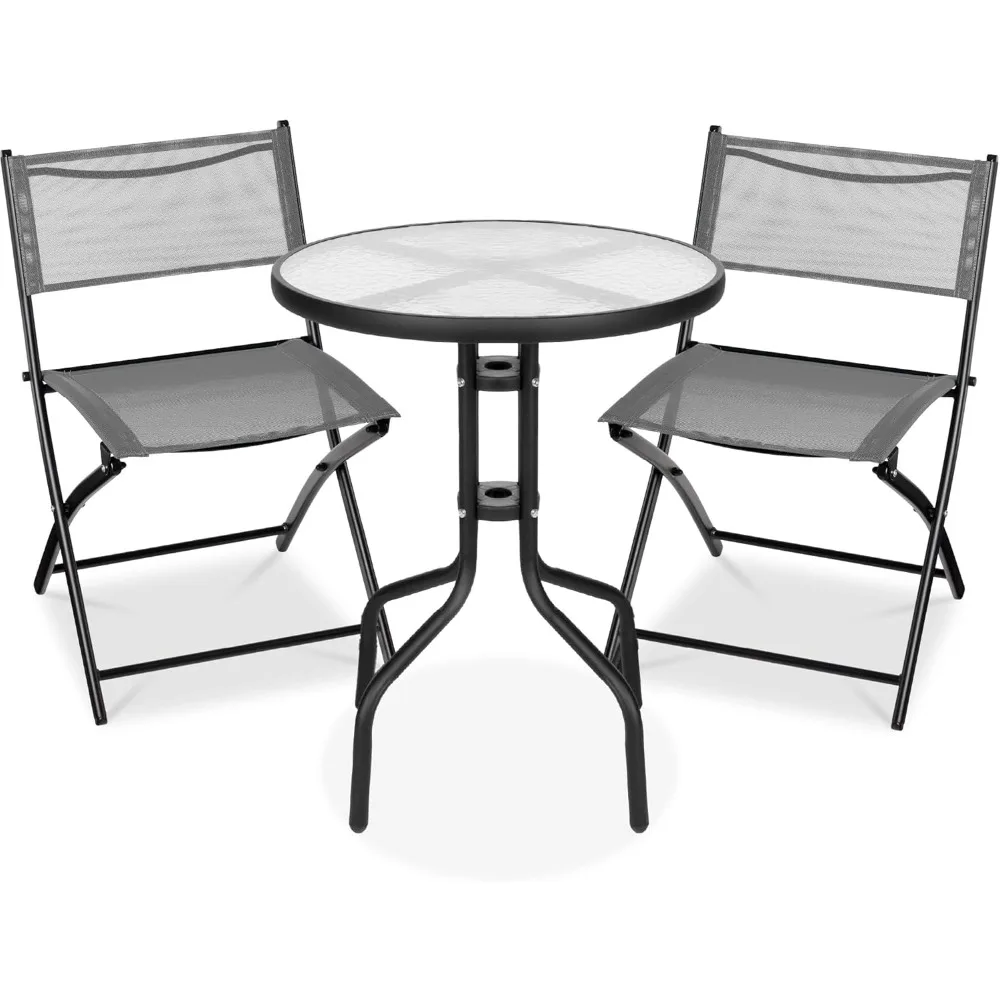3-Piece Patio Bistro Dining Furniture Set w/Glass Tabletop, 2 Folding Chairs, Steel Frame, Polyester Fabric - Gray
3-Piece Patio Bistro Dining Furniture Set w/Glass Tabletop, 2 Folding Chairs, Steel Frame, Polyester Fabric - Gray