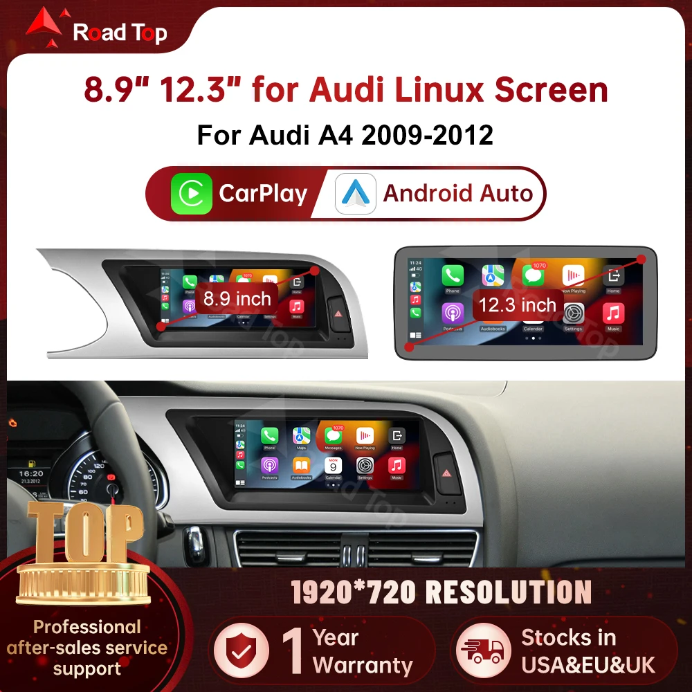RoadTop 8.9“ 12.3” Linux Touch Screen 1920*720 Android Auto Airplay Wireless Carplay Multimedia Display For Audi A4 2009-2012
RoadTop 8.9“ 12.3” Linux Touch Screen 1920*720 Android Auto Airplay Wireless Carplay Multimedia Display For Audi A4 2009-2012
