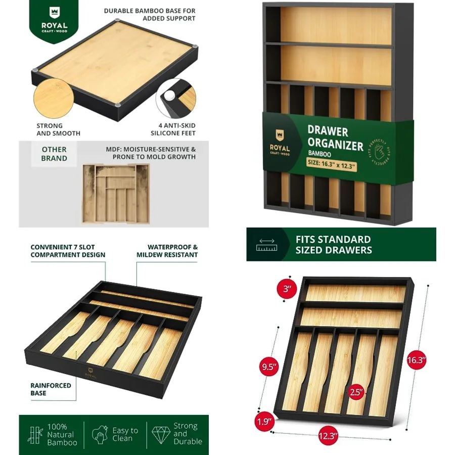 Luxury Bamboo Kitchen Drawer Organizer - Silverware Organizer - Utensil Holder and Cutlery Tray with Grooved Drawer Dividers fo
Luxury Bamboo Kitchen Drawer Organizer - Silverware Organizer - Utensil Holder and Cutlery Tray with Grooved Drawer Dividers fo