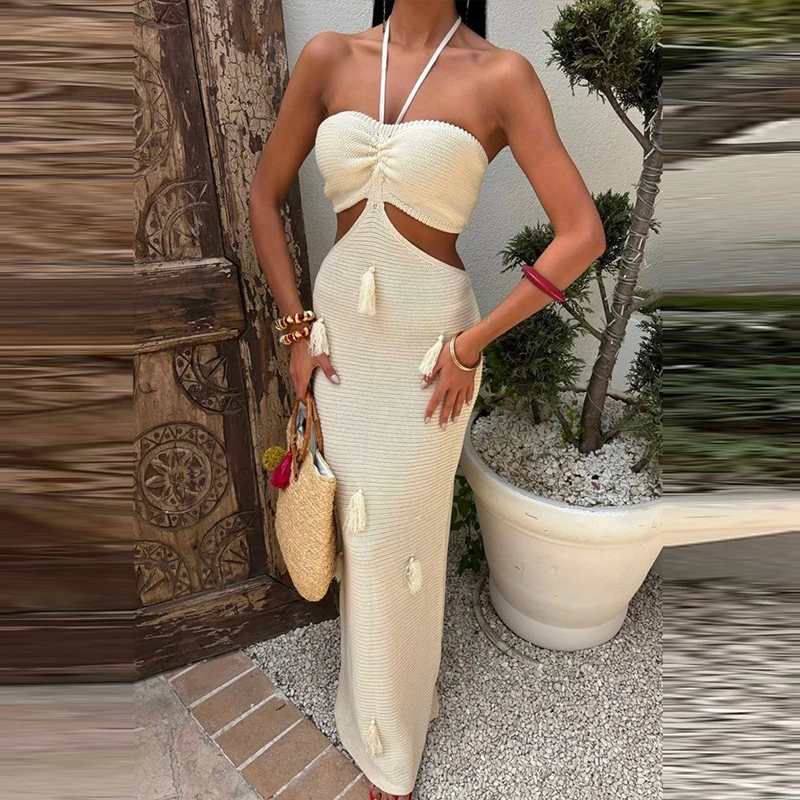 Summer Holiday Sleeveless Knitted Wrap Hips Dress Sexy Hollow Waist Solid Color Tie Up Dress Women New Tassel Halter Long Dress
Summer Holiday Sleeveless Knitted Wrap Hips Dress Sexy Hollow Waist Solid Color Tie Up Dress Women New Tassel Halter Long Dress