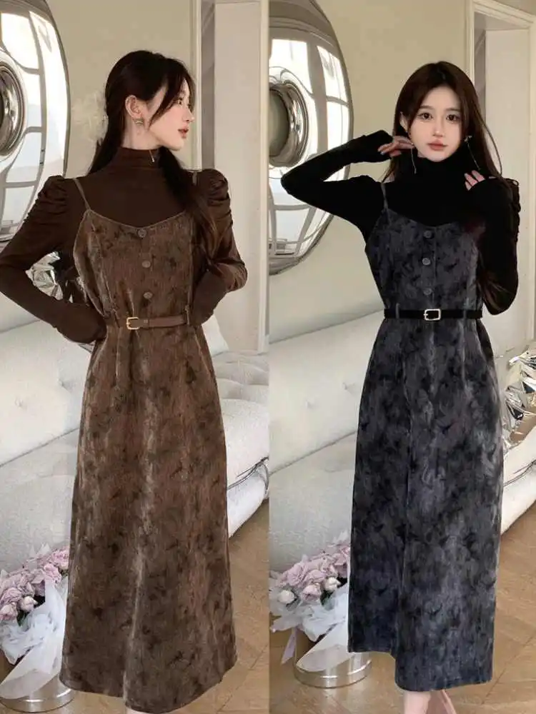 French Retro Two-piece Set Dyed Camisole Dress Thickened High Neck Bubble Sleeves Base Shirt Top 2024 Autumn Women's Set Skirt
French Retro Two-piece Set Dyed Camisole Dress Thickened High Neck Bubble Sleeves Base Shirt Top 2024 Autumn Women's Set Skirt