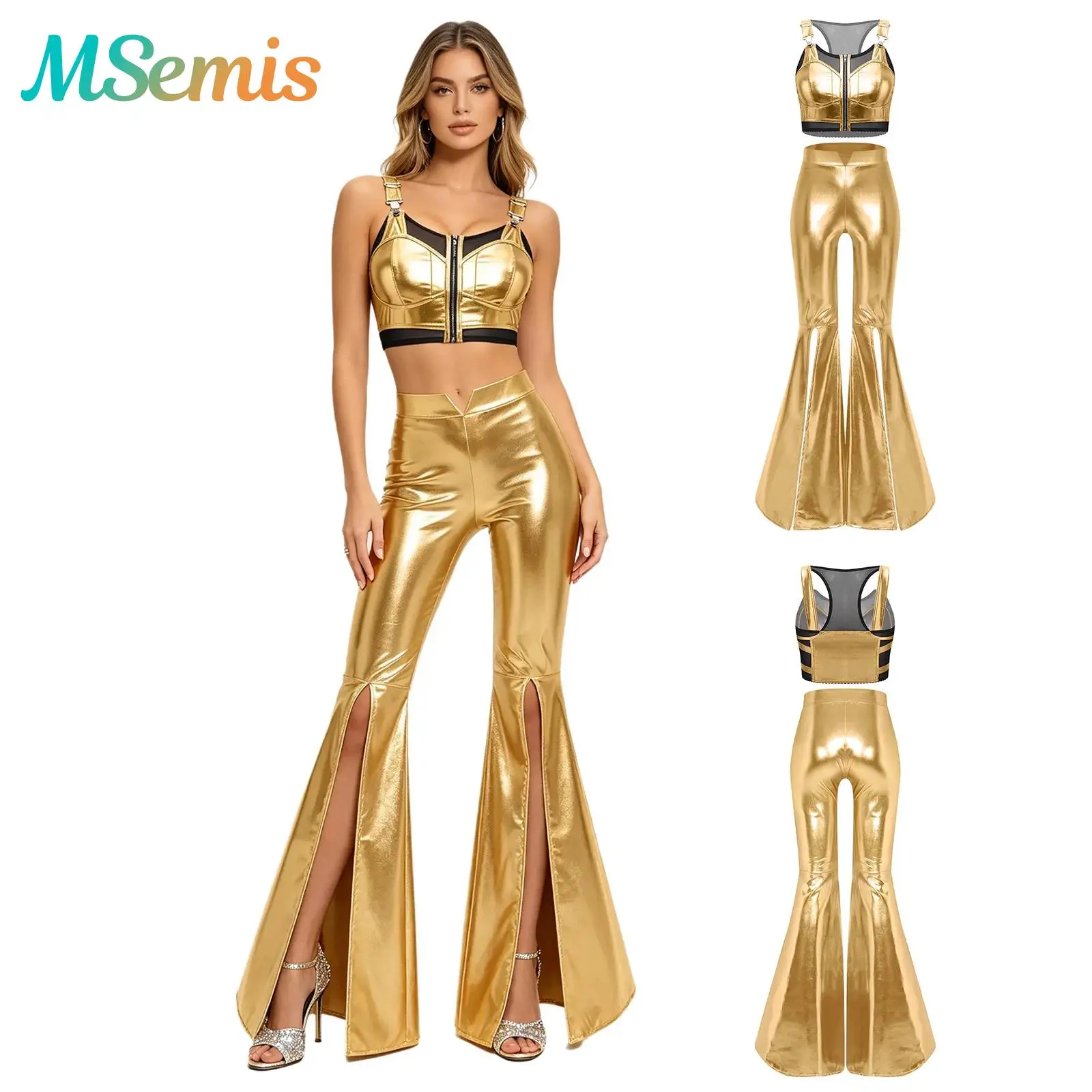Womens 70s Disco Jazz Dance Costume Metallic Shiny Sheer Mesh Front Zipper Vest And High Waist Split Bell Bottoms Flared Pants
Womens 70s Disco Jazz Dance Costume Metallic Shiny Sheer Mesh Front Zipper Vest And High Waist Split Bell Bottoms Flared Pants