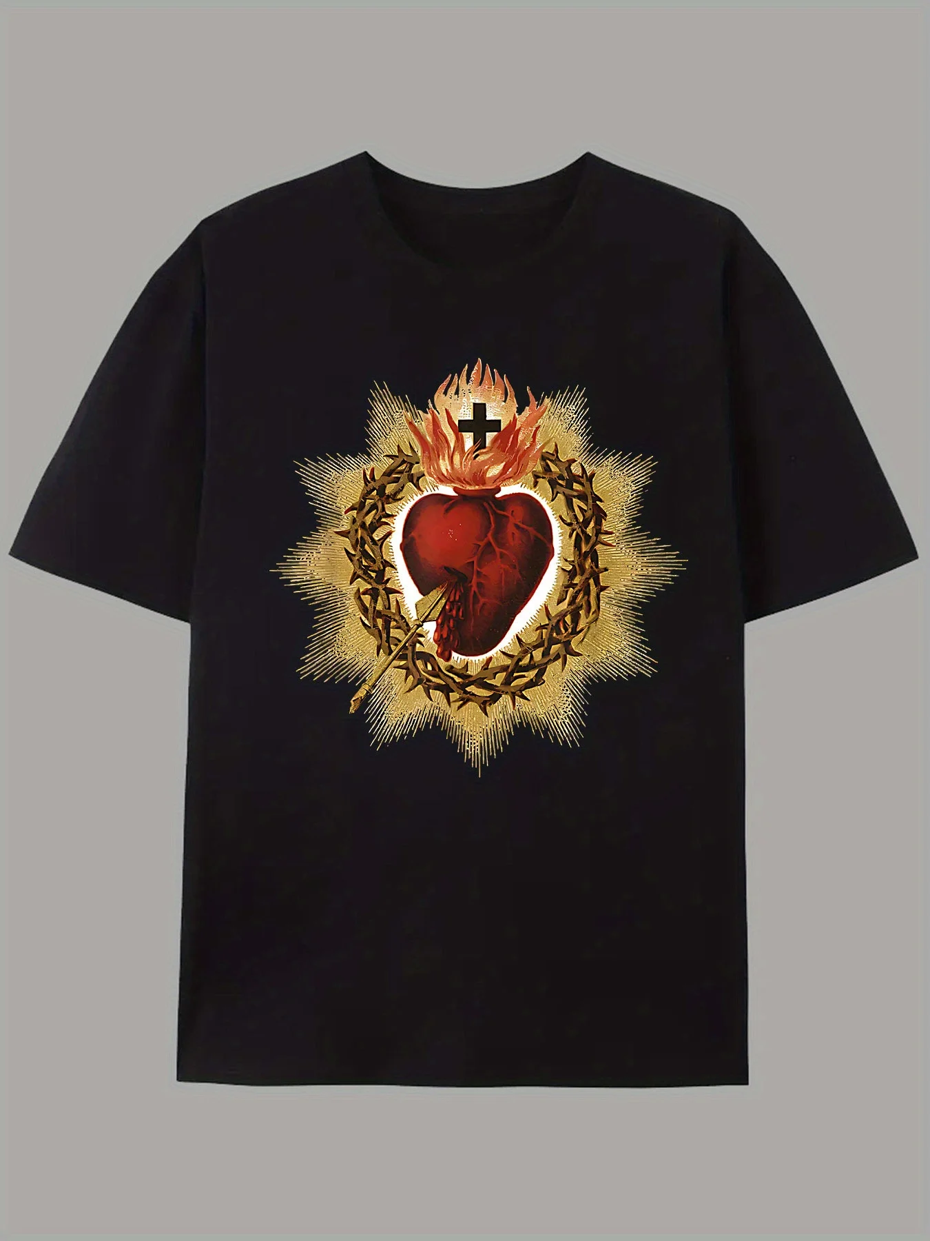Мужская футболка с религиозным рисунком Sacred Heart with Thorns — черная повседневная летняя футболка с коротким рукавом, обычный крой, круглый вырез, машина
Мужская футболка с религиозным рисунком Sacred Heart with Thorns — черная повседневная летняя футболка с коротким рукавом, обычный крой, круглый вырез, машина