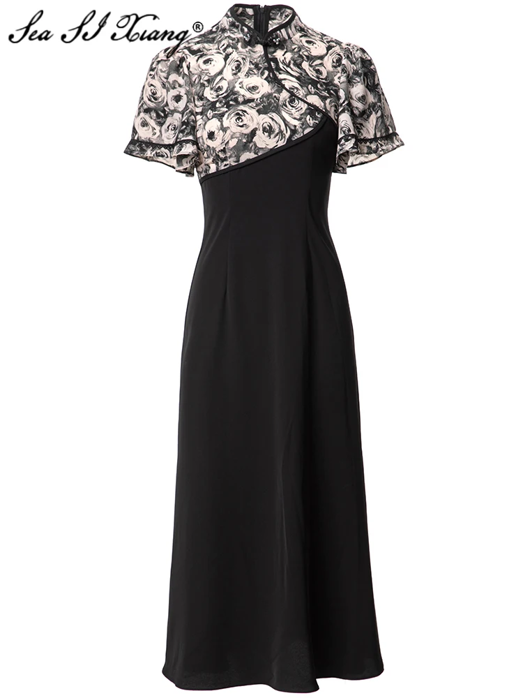 Seasixiang Fashion Designer Summer Mermaid Dress Women Stand Collar Short Sleeve Beading Flowers Print Chinese Style Dresses
Seasixiang Fashion Designer Summer Mermaid Dress Women Stand Collar Short Sleeve Beading Flowers Print Chinese Style Dresses