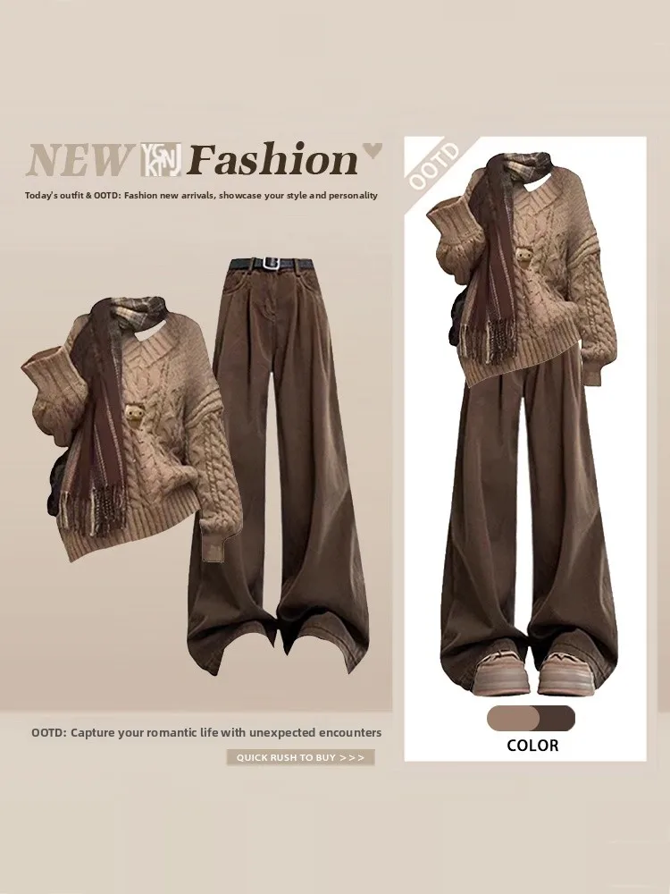 Women's Winter Knitted Sweater High Waist Loose Wide Leg Pants Set Coffee Color Retro Sle Comfortable Casual Faion Ensemble
Women's Winter Knitted Sweater High Waist Loose Wide Leg Pants Set Coffee Color Retro Sle Comfortable Casual Faion Ensemble