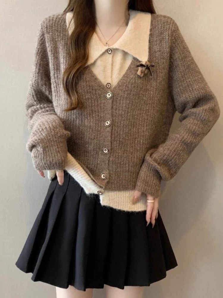 Korobov осенний консервативный сладкий искусственный комплект из двух предметов, универсальный свитер с v-образным вырезом и длинными рукавами, женские джемперы 
Korobov осенний консервативный сладкий искусственный комплект из двух предметов, универсальный свитер с v-образным вырезом и длинными рукавами, женские джемперы